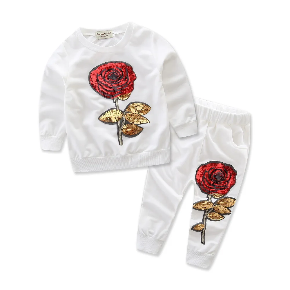

2017 Spring Autumn Children Girls Outwear Tracksuits White Floral Pullover Pants Sport Suit Kids Winter Clothing Set Long Sleeve