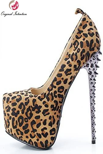 

Original Intention New Fashion Women Pumps Leopard Sexy Rivets Round Toe Thin Heel Shoes Woman Plus Size 4-15