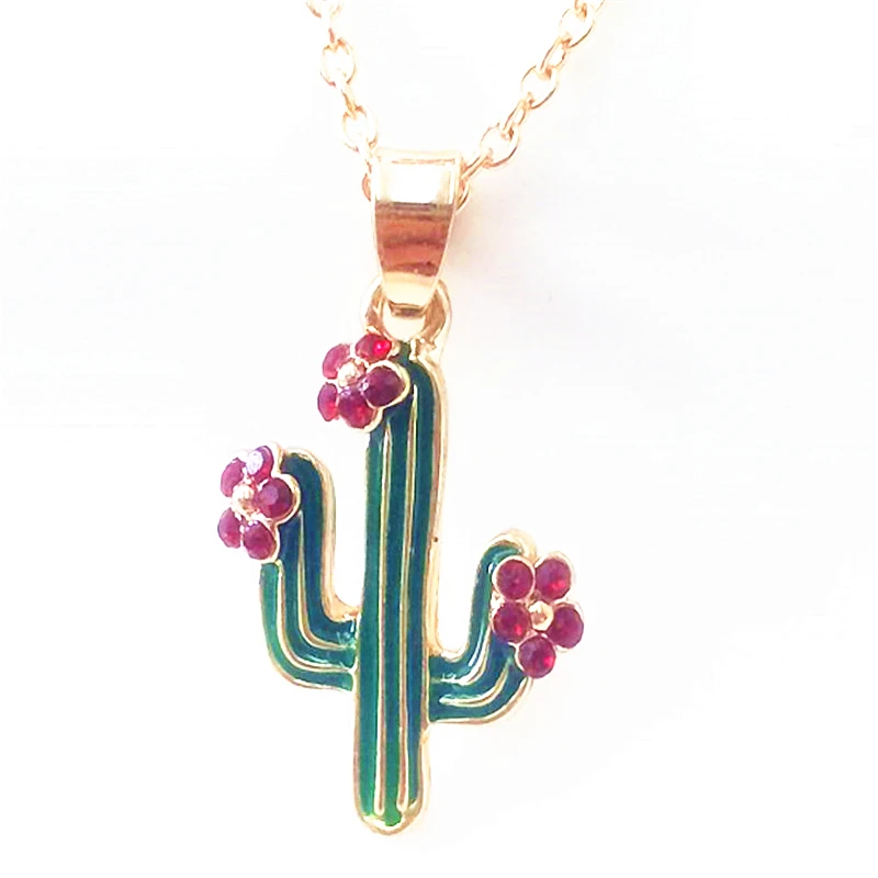 Green Enamel Cactus Pendant Necklaces 