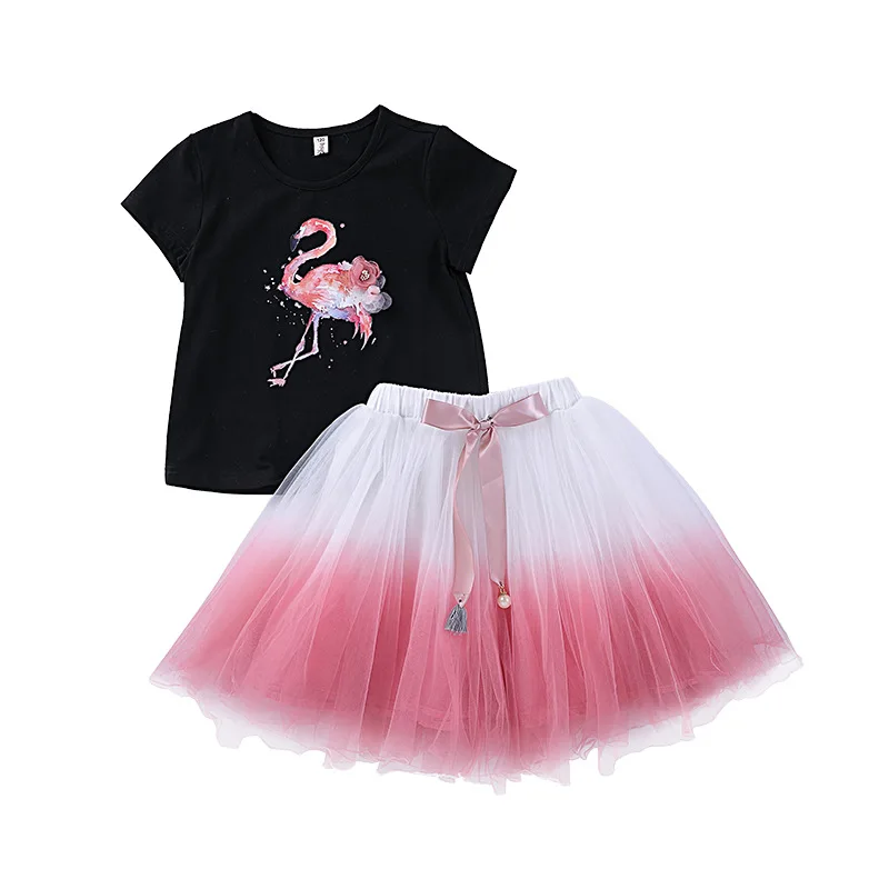 

Fashion Girl Clothes Set Short Sleeve Cotton Tops + Mesh Skirt 2pcs Set Summer Princes Girls Skirt Set BC117