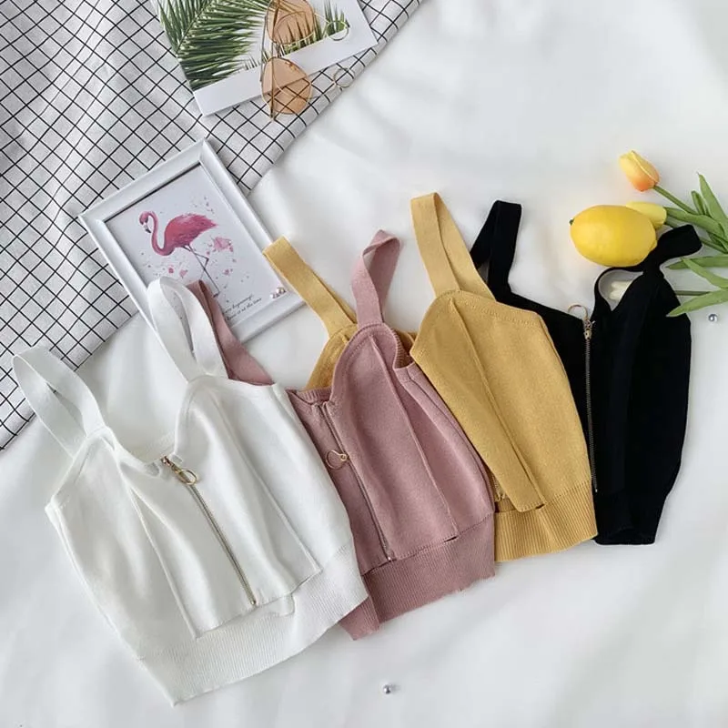 La MaxPa женские Топы Клубные сексуальные на молнии кроп Топ девичий Вязание Camisole дамы без рукавов Твердые Простые Camis k1997