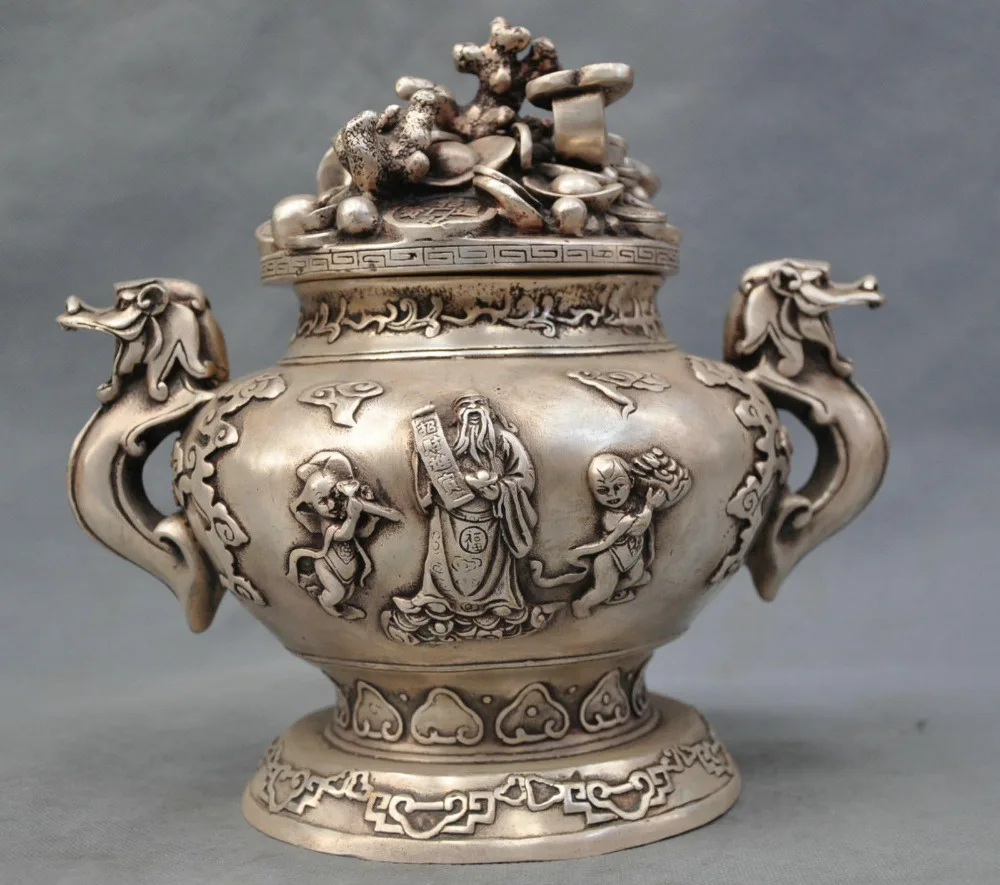

China Silver Bronze treasure bowl carve celestial being Boy Bronze Statue