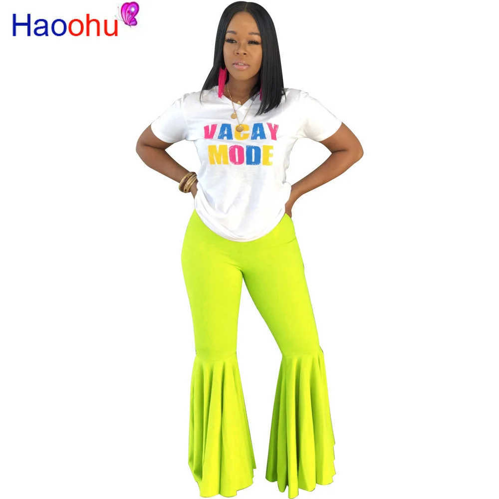 

HAOOHU Casual Loose Plus Size Summer Lady Pants Neon Green 2019 Autumn Women Ruffle Flare Pant Trousers Festival Party Pants