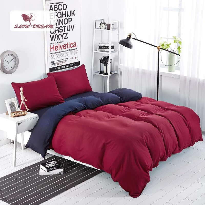 

SlowDream Light luxury Bedding Set Solid Red And Blue Duvet Cover Set Soft Polyester Flat Sheet Bedclothes 3pcs or 4pcs