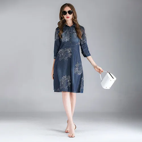 Spring Autumn Embroidery Floral Vintage Denim Dress Women Plus Size 5xl Slim Jeans Casual Dress Female Elegant Party Dresses Spring Autumn Embroidery Floral Vintage Denim Dress Women Plus Size 5xl Slim Jeans Casual Dress Female Elegant Party Dresses