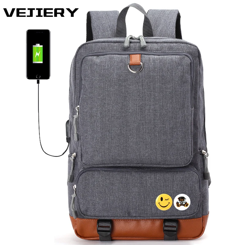 

VEJIERY Men Backpacks Canvas Student Teenagers School Bags External USB Charge 15.6 inch Laptop Backpack Men Travel Bag Mochila