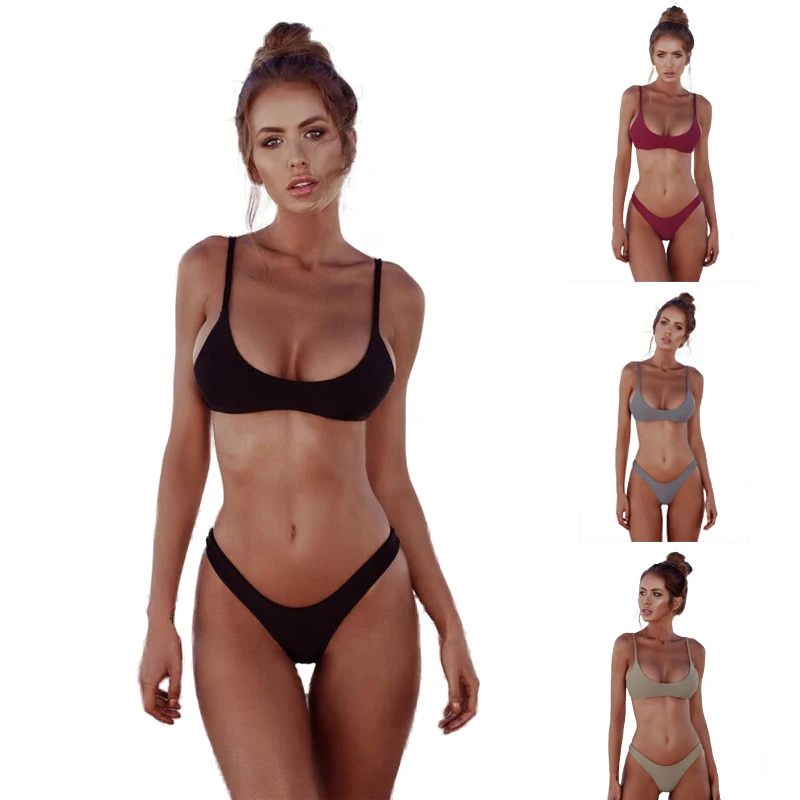 

OCQBI 2019 Sexy Thong Bikini Set Women Swimsuit Solid Backless Swimwear Low Waist Red new bikini