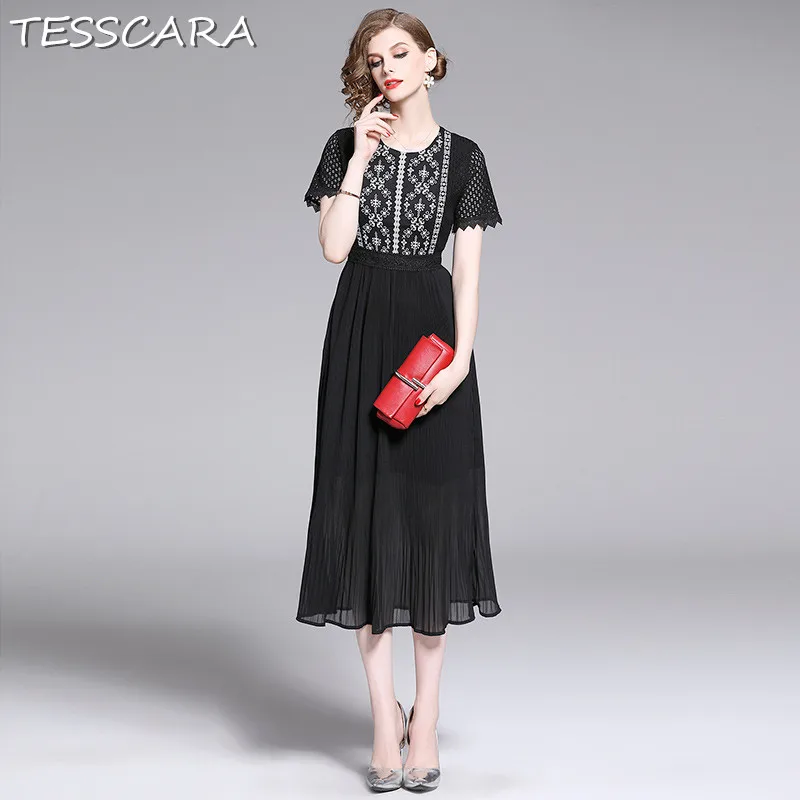 

TESSCARA Women Summer Elegant Embroidery Lace Dress Festa Female High Quality Vintage Black Robe Femme Designer Office Vestidos