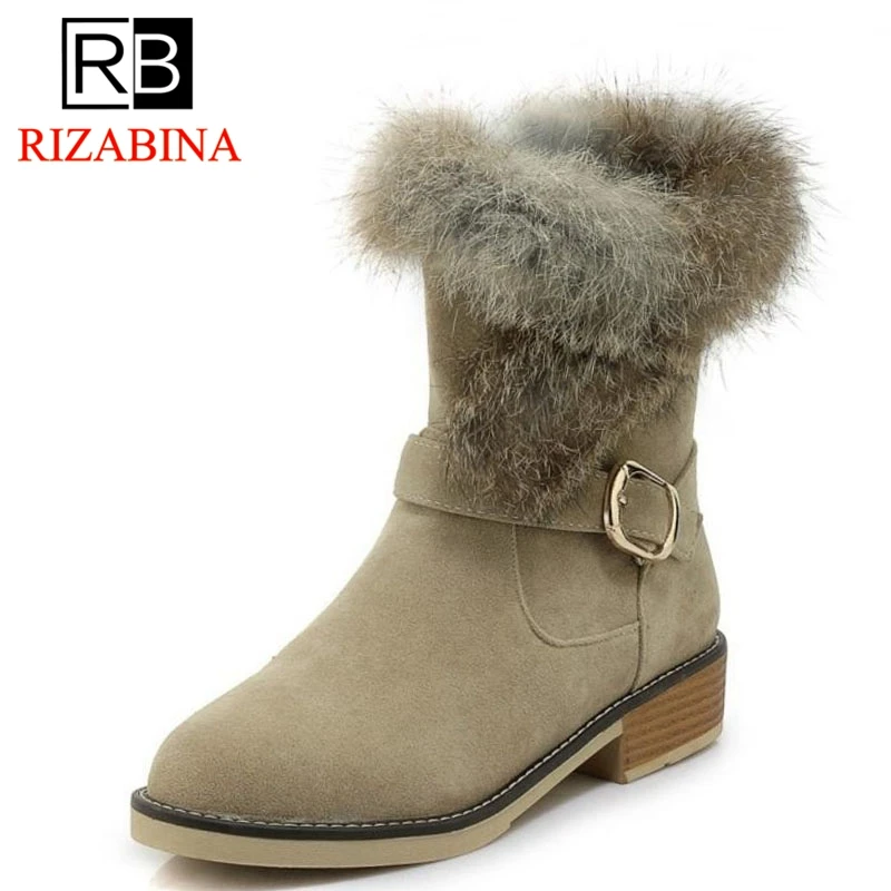 RIZABINA Для женщин теплые сапоги на высоком каблуке на молнии Зимняя обувь на меху Для женщин зимние ботинки до середины икры круглый носок
