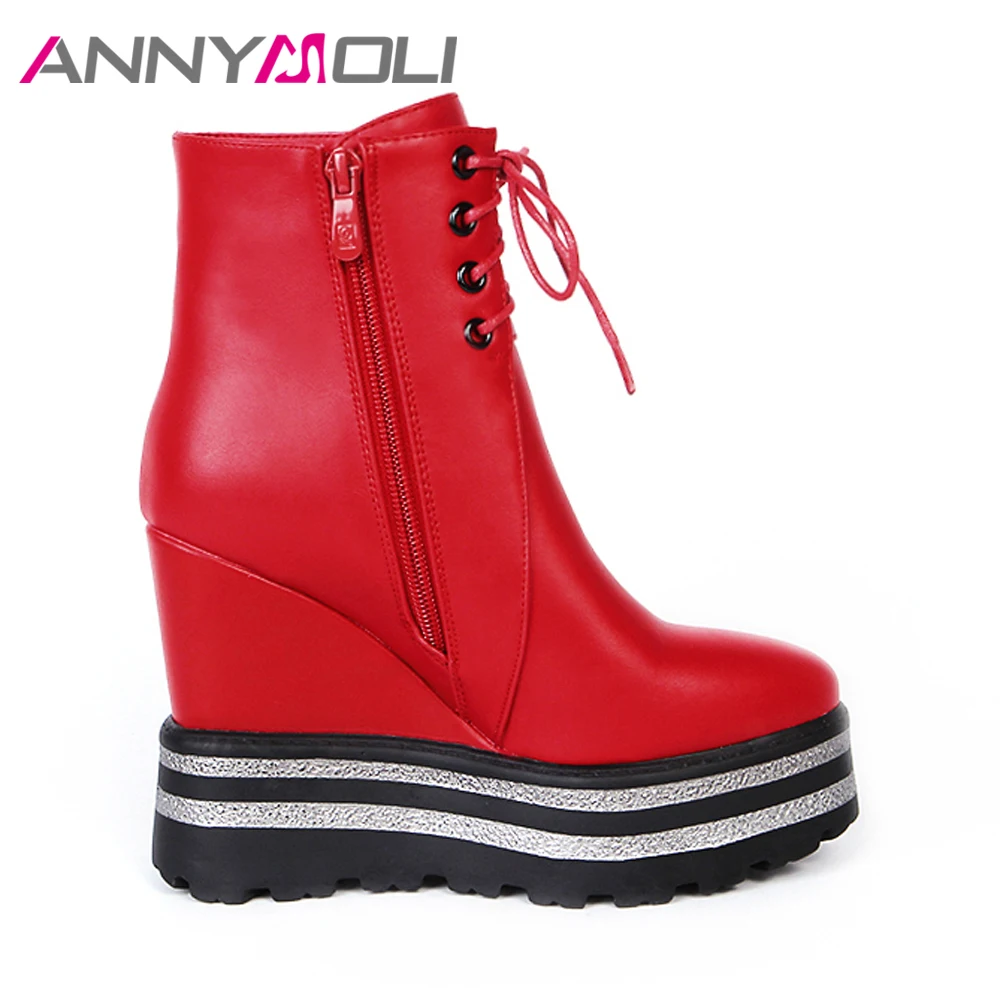 ANNYMOLI/женские ботильоны на платформе; ботинки на танкетке; обувь черного цвета на высоком каблуке; женские осенние полусапожки на шнуровке и молнии; коллекция года; цвет красный, черный