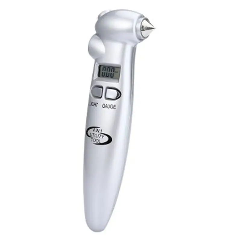 

4 In 1 Multifunctional Safety Hammer With Flashlight Silver Color High Precision Tire Gauge High Quality Auto Safety Hammer