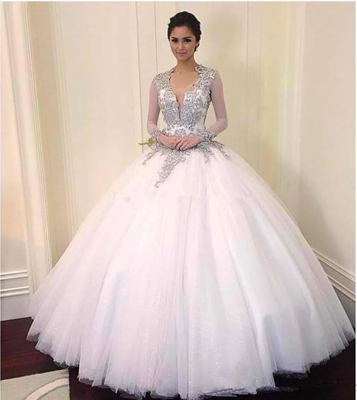 2016 Exquisite V Neck Sheer Long Sleeves Beaded Crystal Lique 2016 Exquisite V Neck Sheer Long Sleeves Beaded Crystal Lique Y Keyhole Back Star Magic Ball Gown Wedding Dresses In From Weddings