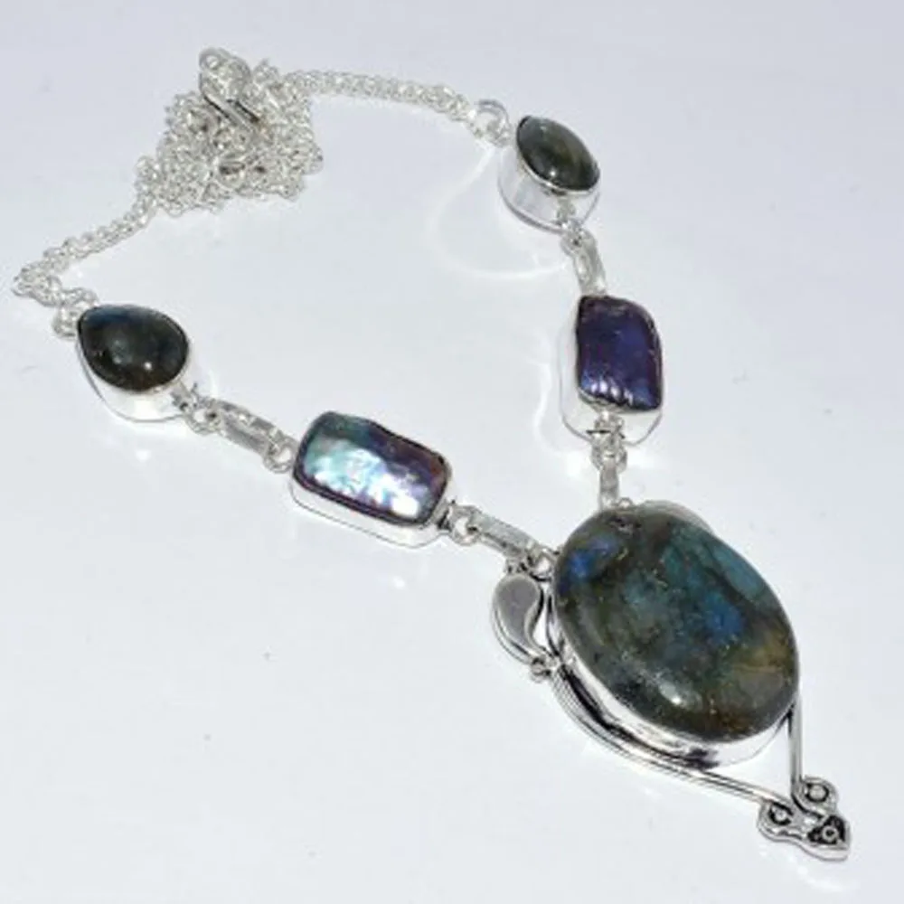 

Labradorite Necklace Silver Overlay over Copper, 49.5 cm , N3586