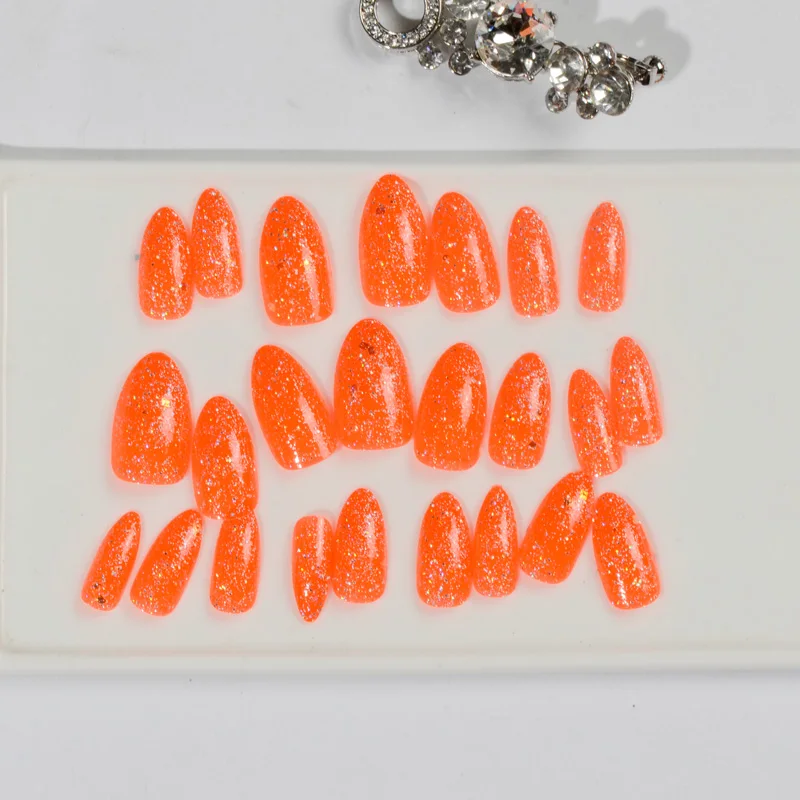 Блестящие поддельные ногти оранжевые ослепительные шпильки наконечник 24 шт Бесплатные наклейки