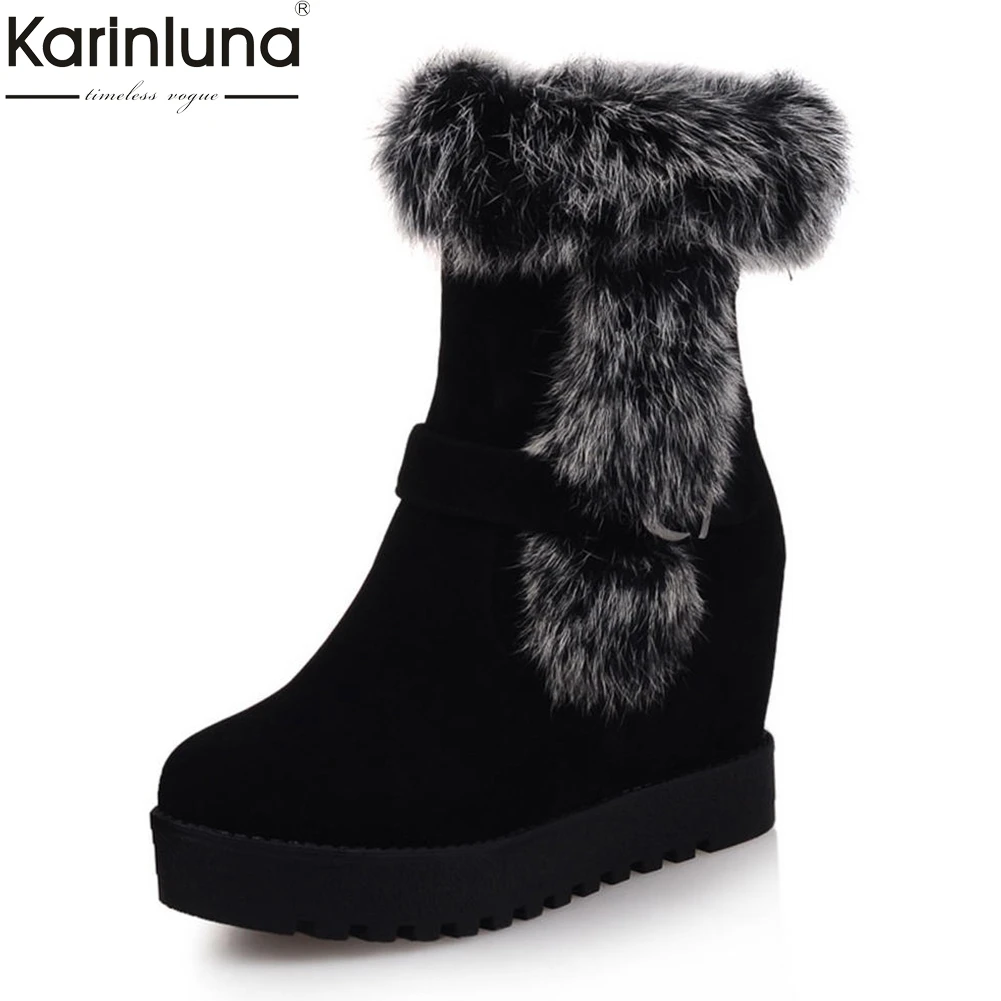 

KarinLuna 2019 Slip On Warm Shoes Woman Add Fur Winter Boots Female Shoes Wedge Heels Mid Calf Boots Large Size 33-43