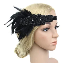 Cinta de pelo con diamantes de imitación para disfraz de mujer, banda decorativa para el cabello en color negro con cuentas y plumas, accesorio de estilo vintage de los años 20 para fiestas temáticas de Gatsby
