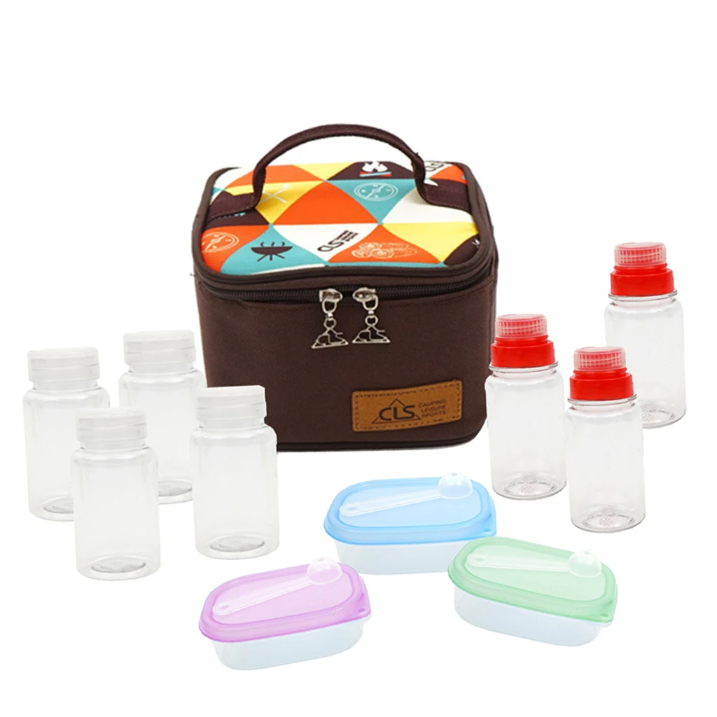 10Pcs/Set BBQ Grilling Spice Jar Condiment Pepper Salt Bottle w/ Storage Carry Bag Outdoor Camping Tableware Seasoning Bottle