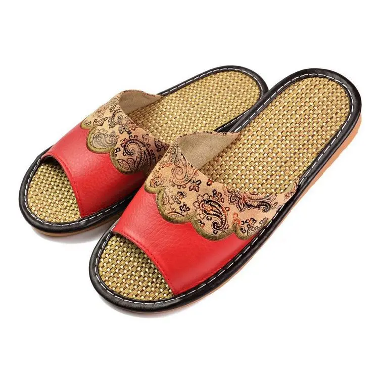 Mntrerm Лидер продаж летние из натуральной яловой кожи Дамские домашние тапочки на плоской подошве льняная обувь Крытый feminina Sandals шлёпанцы для женщин - Цвет: Красный