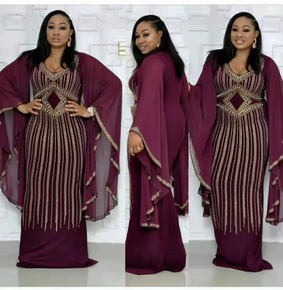 

Large Size African Female Dresses New Rhinestone Pearl Decoration Chiffon Sleeves Street Wind 3 Color Elastic Fishtail Skirt