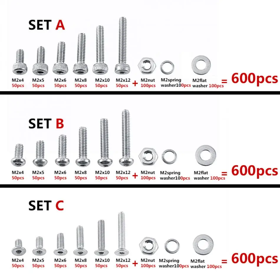 

600 Pcs/lot M2 Hex Socket Screws Bolt With Hex Nuts Washers Assortment were Made of Steel Stainless