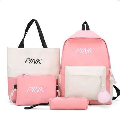 pink pink letter embroidery patchwork backpack womens backpack canvas bag shoulder school bags for girls ladies backpack purse set - Цвет: pink