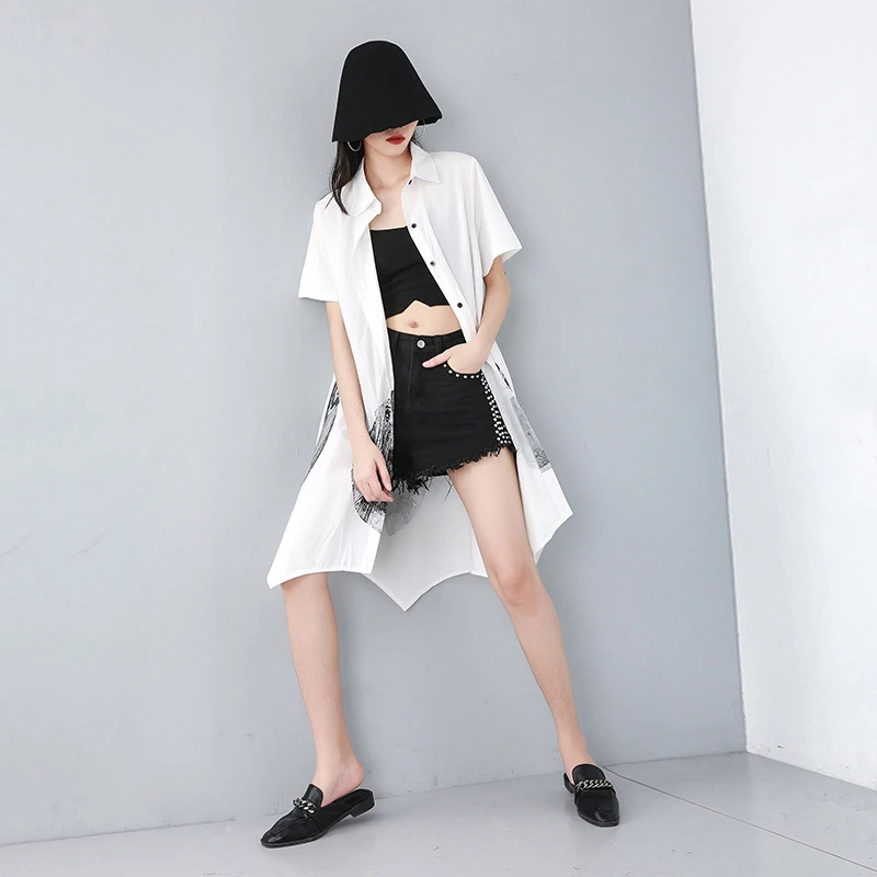  [EAM] 2020 New Spring Summer Lapel Short Sleeve White Pattern Printed Loose Irregular Loose Shirt W