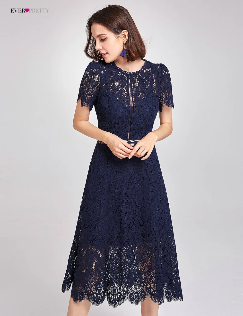 Новое Поступление Коктейльные платья Ever Pretty AS05921NB женские Дешевые трапециевидные кружевные платья с коротким рукавом и вырезами размера плюс Скромные Вечерние платья