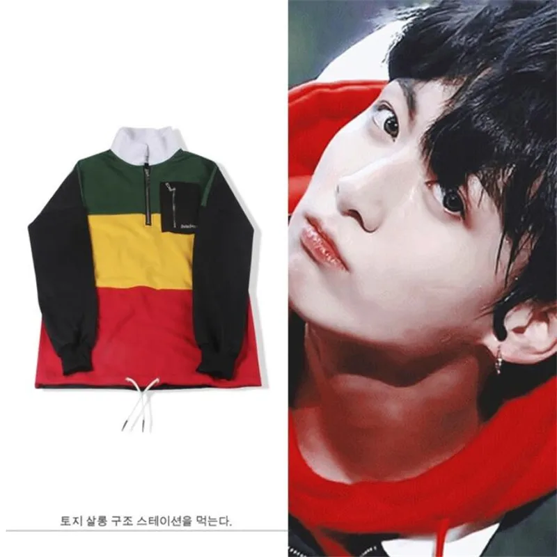 

Kpop Bangtan Unisex JUNG KOOK the Same Plus Cashmere Hoodie Splice Color Matching Sweatershirt Fall And Autumn Sweatshirts