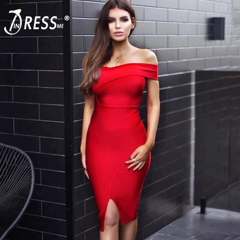 Женское платье с открытыми плечами INDRESSME элегантное облегающее разрезом на одно