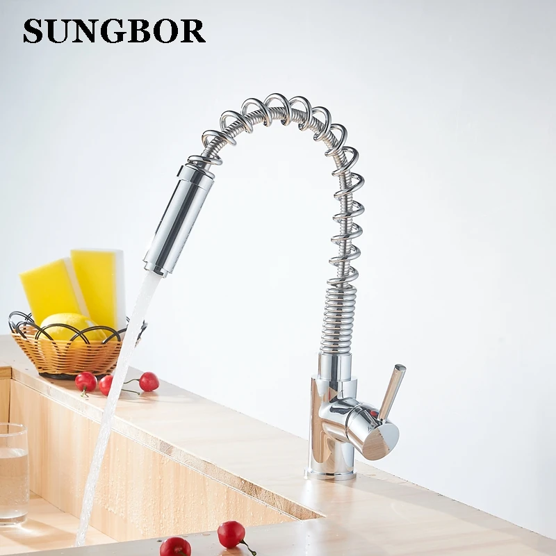 

Chrome Spring Pull Down Kitchen Faucet Dual Spout 360 Swivel Handheld Shower Kitchen Mixer Crane Hot Cold 2 Outlet Spring Taps