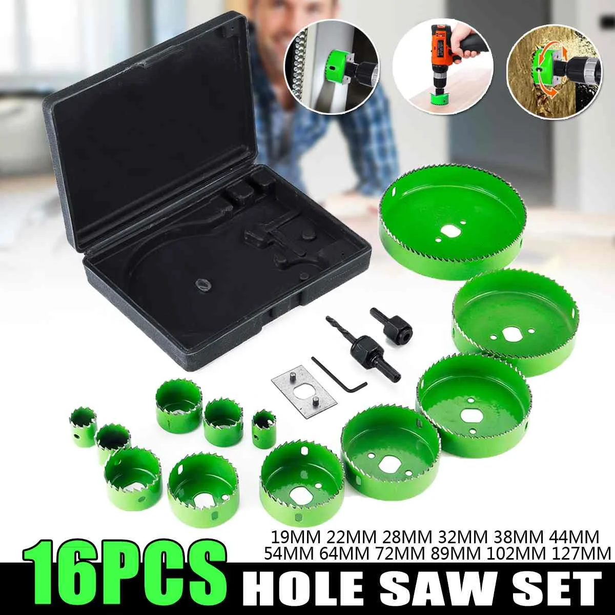 

16Pcs 19-127mm Hole Saw Cutting Set Kit Wood Metal Cutter Mandrels Saws Core Drill Bits Drilling Tool Woodworking Metal Opener