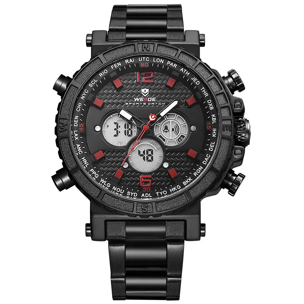 WEIDE Relogio Masculino новые спортивные мужские часы лучший бренд Роскошные Стальные кварцевые часы водонепроницаемые большой циферблат - Цвет: Красный
