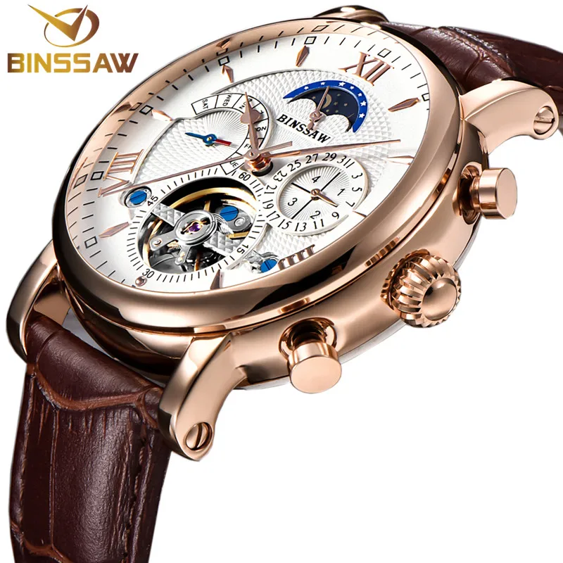 

BINSSAW Manner Neue Automatische Mechanische Tourbillon Uhr Mode-Business Leder Edelstahl Sport Uhren Relogio Masculino