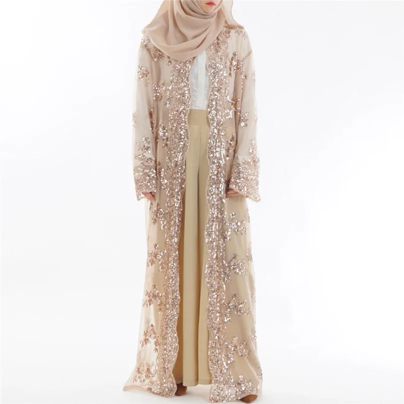New Muslim Women Summer Lace Sequin Cardigan Long Sleeve Maxi Dress Kimono Open Abaya Robe Kaftan Dubai #4F08 (13)
