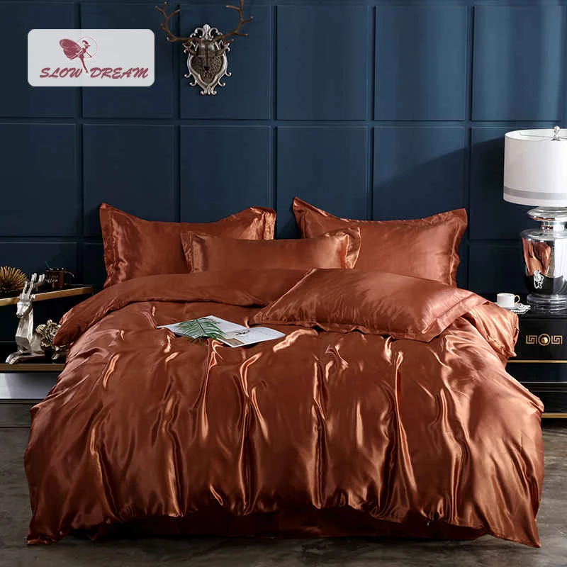 

SlowDream Coffee Healthy Bedding Set 100% Silk Luxury Fitted Sheet Elastic Band Duvet Cover Double Queen Euro Adult Bedspread