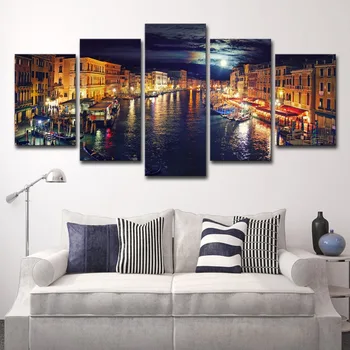 

Home Decor HD Prints Canvas Poster Framework 5 Pieces Venice Water City Night Scene Paintings Wall Art Boat Pictures Living Room