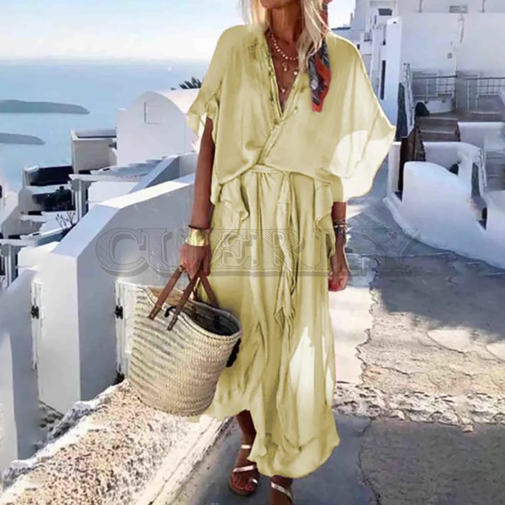 Image Cuerly 2019 Summer Patchwork Ruffles Women s Dresses V Neck Petal Sleeve Loose Perspective Holiday Dress Fashion Clothes Tide