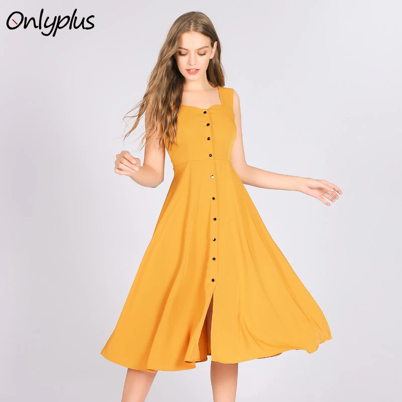 ONLY PLUS Summer Slim Camisole Dress Button Style Yellow Sleeveless