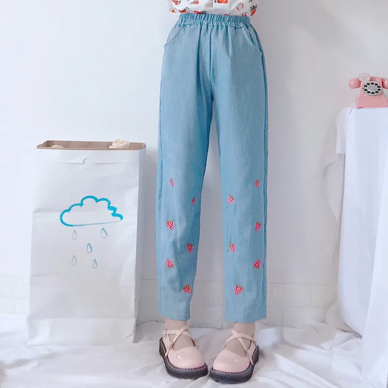 

2019 Women's Pants Kawaii Fruit Strawberry Embroidered Denim Trousers Female Vintage Cute Japan Harajuku Jeans For Women