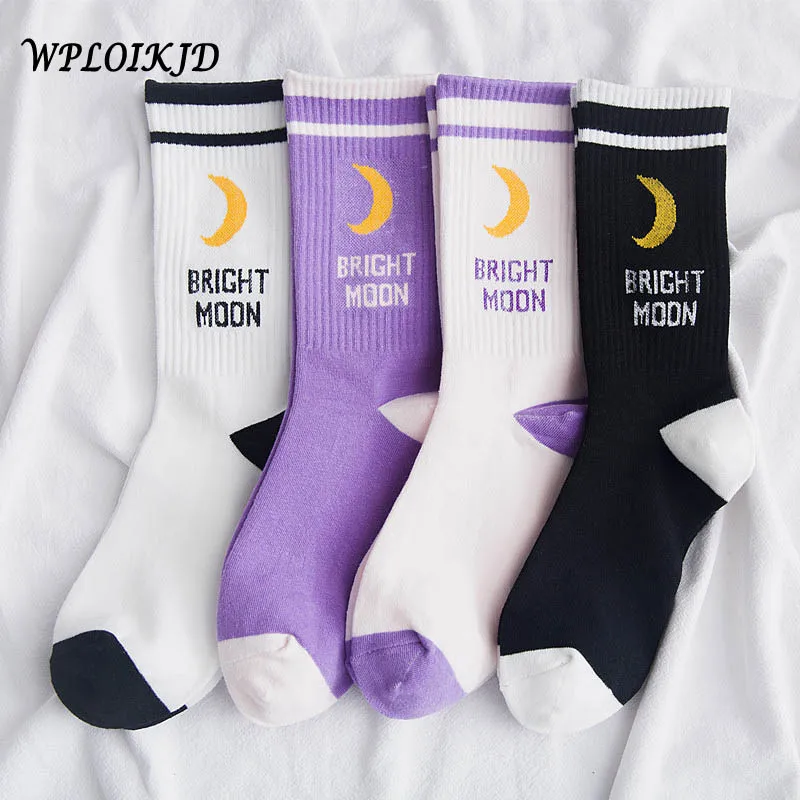 

[WPLOIKJD]Cool Letter Harajuku Funny Socks Women Bright Moon Fashion Japanese Socks Women Cotton Hip Hop Calcetines Mujer Sokken