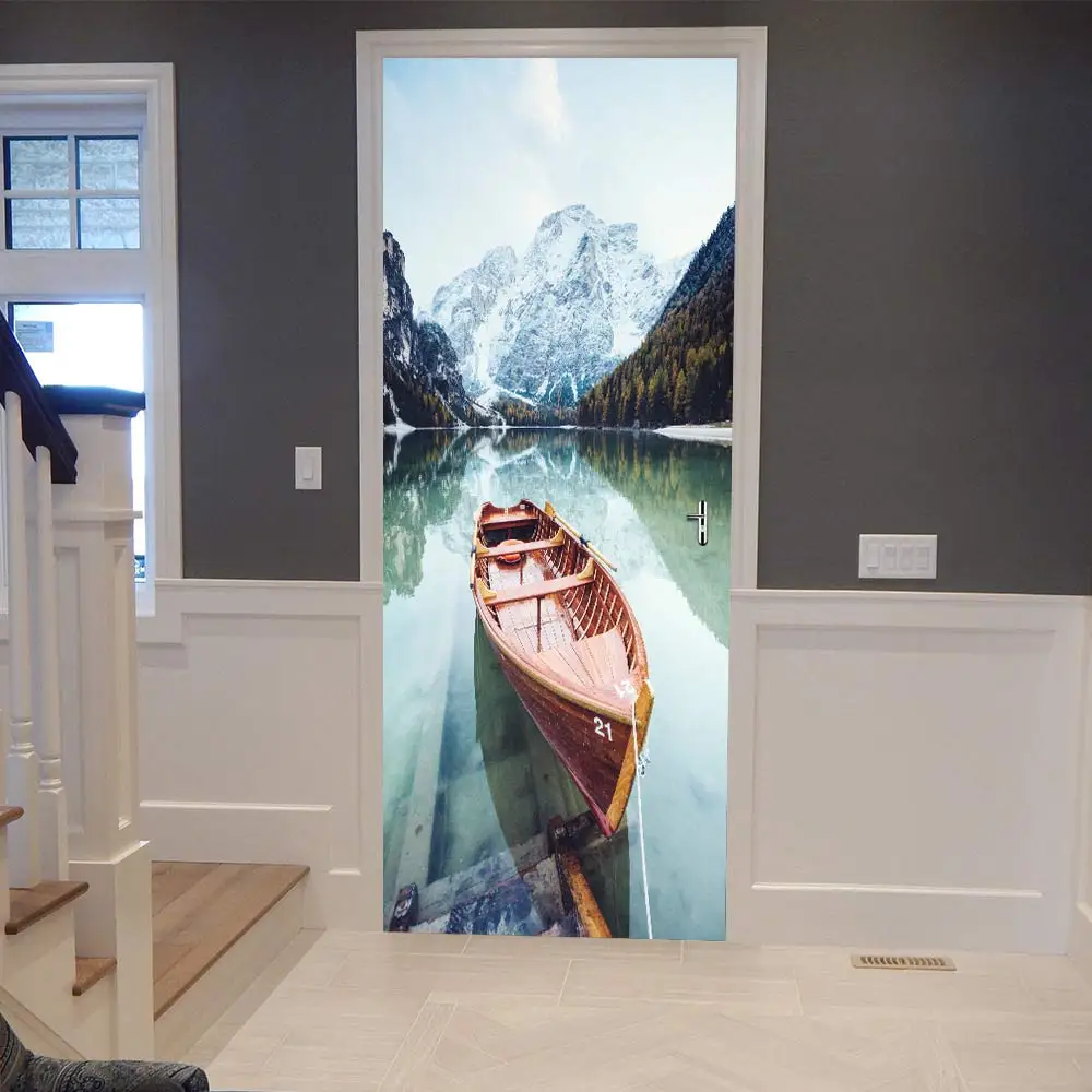 

Creative 3D Door Stickers DIY Mural Lake Boat Self adhesive Wallpaper Removable Waterproof Poster Stickers Home Decoration Paste