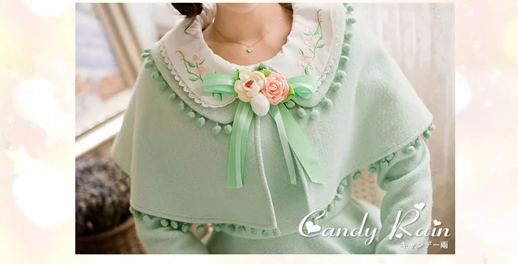 Принцесса сладкий Лолита зеленый Коттен платье конфеты дождь цветочный орнамент трапециевидной формы Поддельные 2 предмета Вышивка японский дизайн C16CD6179