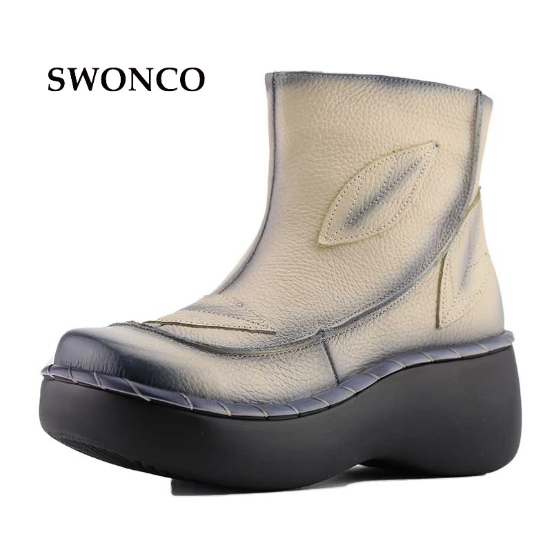 

Genuine Leather Women Boots 2017 Spring Autumn Fashion Sewing 6cm Thick Sole Boots with Platform Women Ankle Shoes