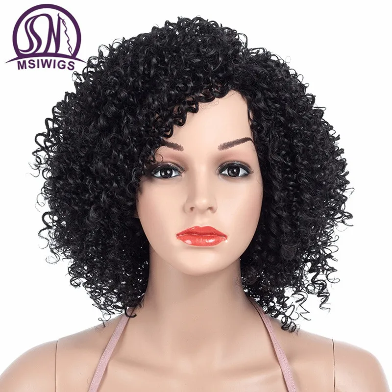 

MSIWIGS 1b Black Afro Curly Wigs for Women Side Part Synthetic Short Hair Wig Heat Resistant America Hair