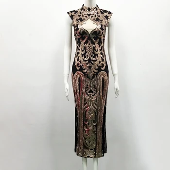 

Halinfer 2018 New Autumn women dress sexy bodycon Open Fork Sequined Rayon Bandage Elegant celebrity party dress vestidos