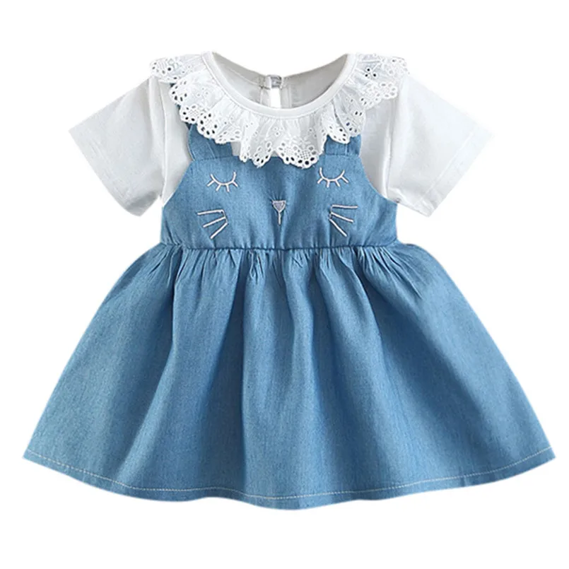 Костюм для девочек Лето 2019 новая одежда для малышей девочек Ruched Лоскутная джинсовая юбка вечерние платья принцессы, одежда #3A23