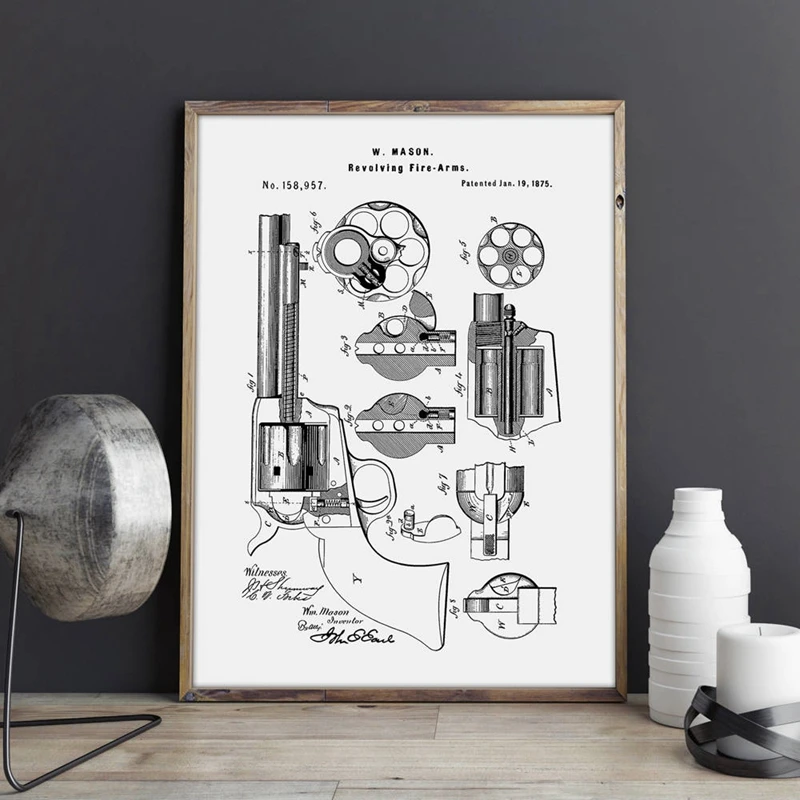 Hand Gun Patent Prints Poster Military Decorations