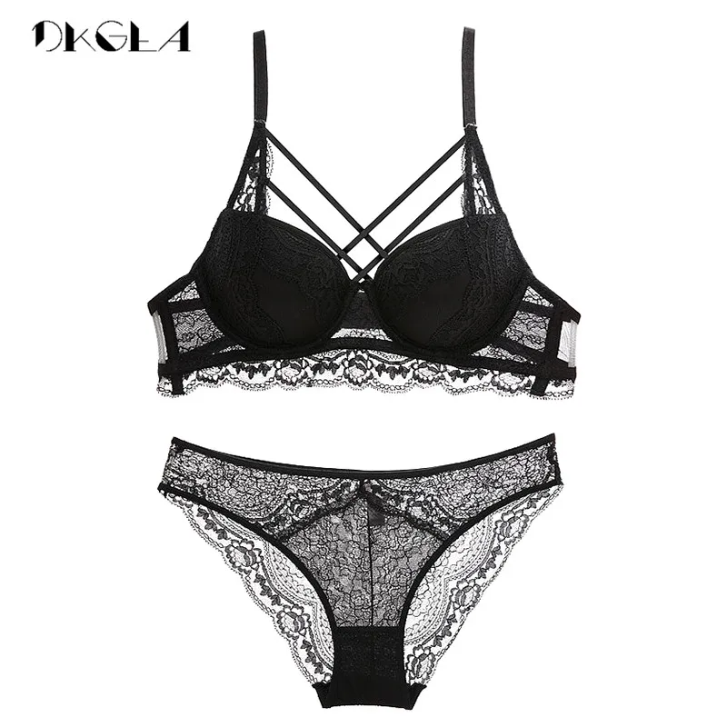 Classic Bandage Black Bra Set Push Up Brassiere Thick Cotton Underwear Set Sexy Bras Lace Embroidery Gather Women Lingerie Sets