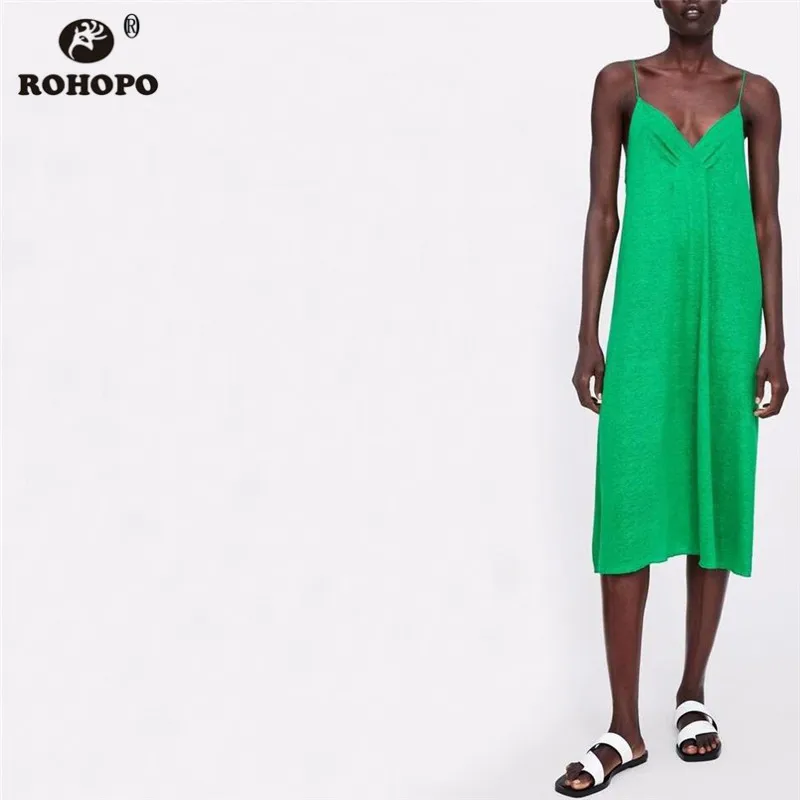 

ROHOPO Women Spaghetti Strap Midi Dress Summer Casual Green Pleated Cotton Solid Sexy Sleep Dresses #AZ9284