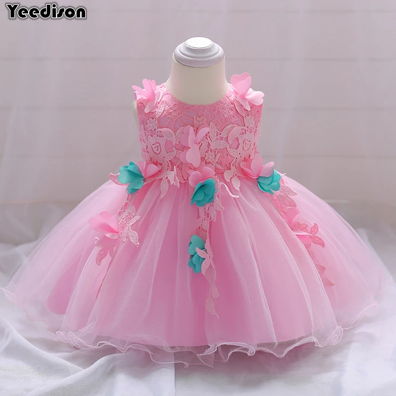 2018 Baby Dress Toddler Girl Christening Gown Pink Flower Princess 1st ...